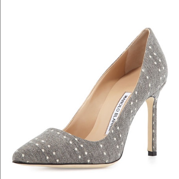 Manolo Blahnik BB 105mm Woven Flannel Polka Dot Pumps Grey / White 38.5